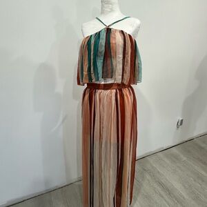 Striped Sheer two piece Maxi Dress in Teal, Rust & Cream